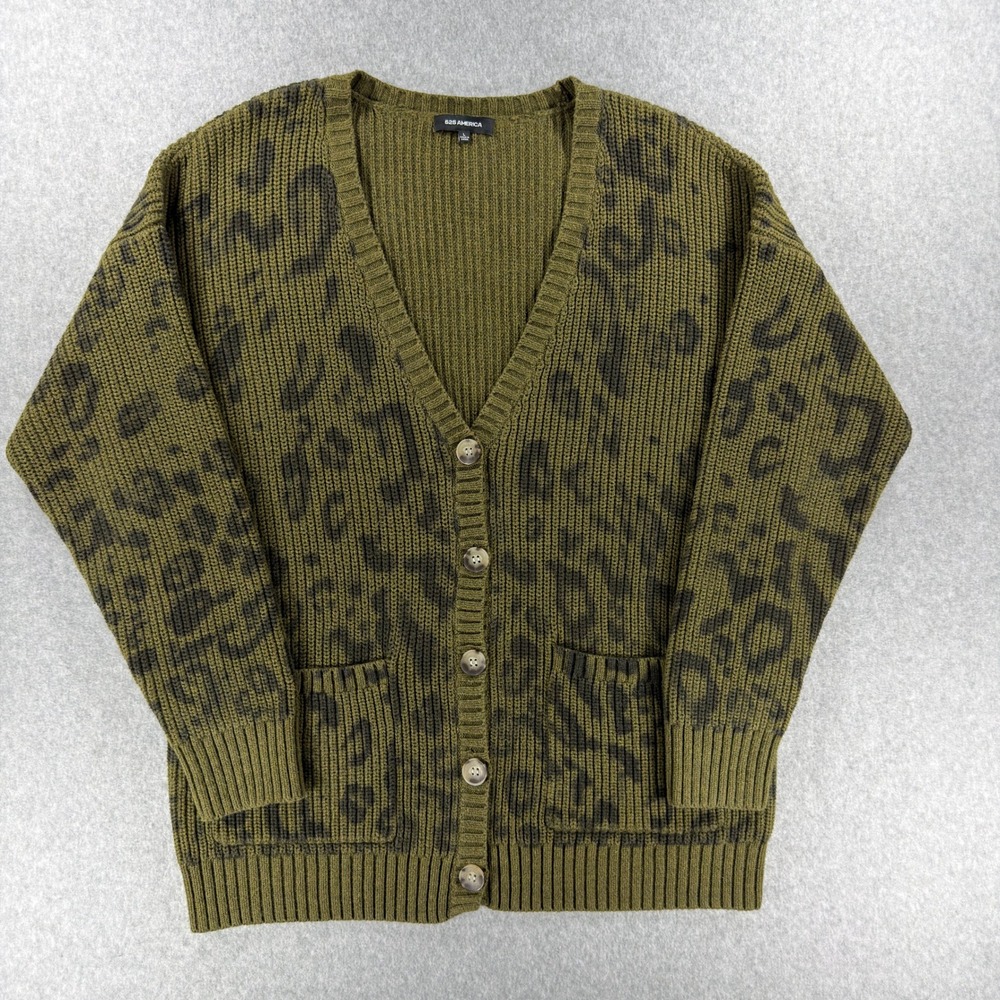 525 America Olive Green Leopard Print Cotton Shaker Knit Cardigan Sweater Large